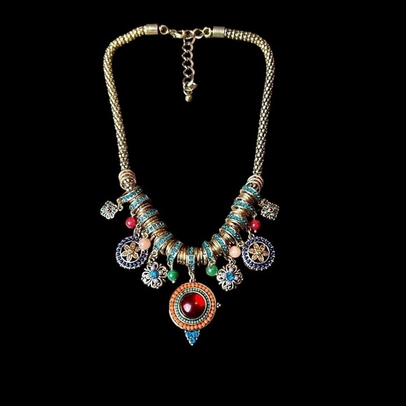 Jewelry - Gold Tone Necklace W/ Jewel Tone Beaded & Rhinestone Charms and Medallions